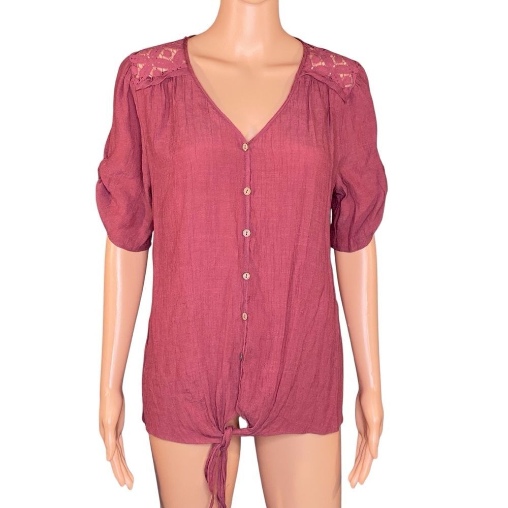 PerSeption Concept Button-Up Blouse Tie Front Womens Size Large Lace Accents